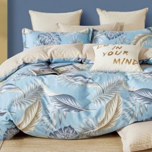 Housse de couette motif feuilles bleu