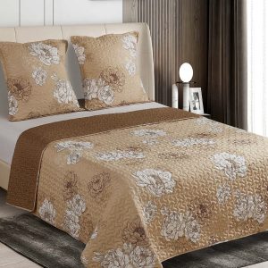 Couvre-lit matelassé taupe motif floral brodé