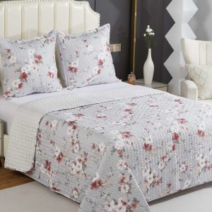 Couvre-lit Boutis motif floral rose et gris
