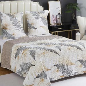 Couvre-lit Boutis beige motif feuillage doré