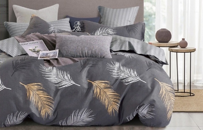 Housse de couette gris motif plumes