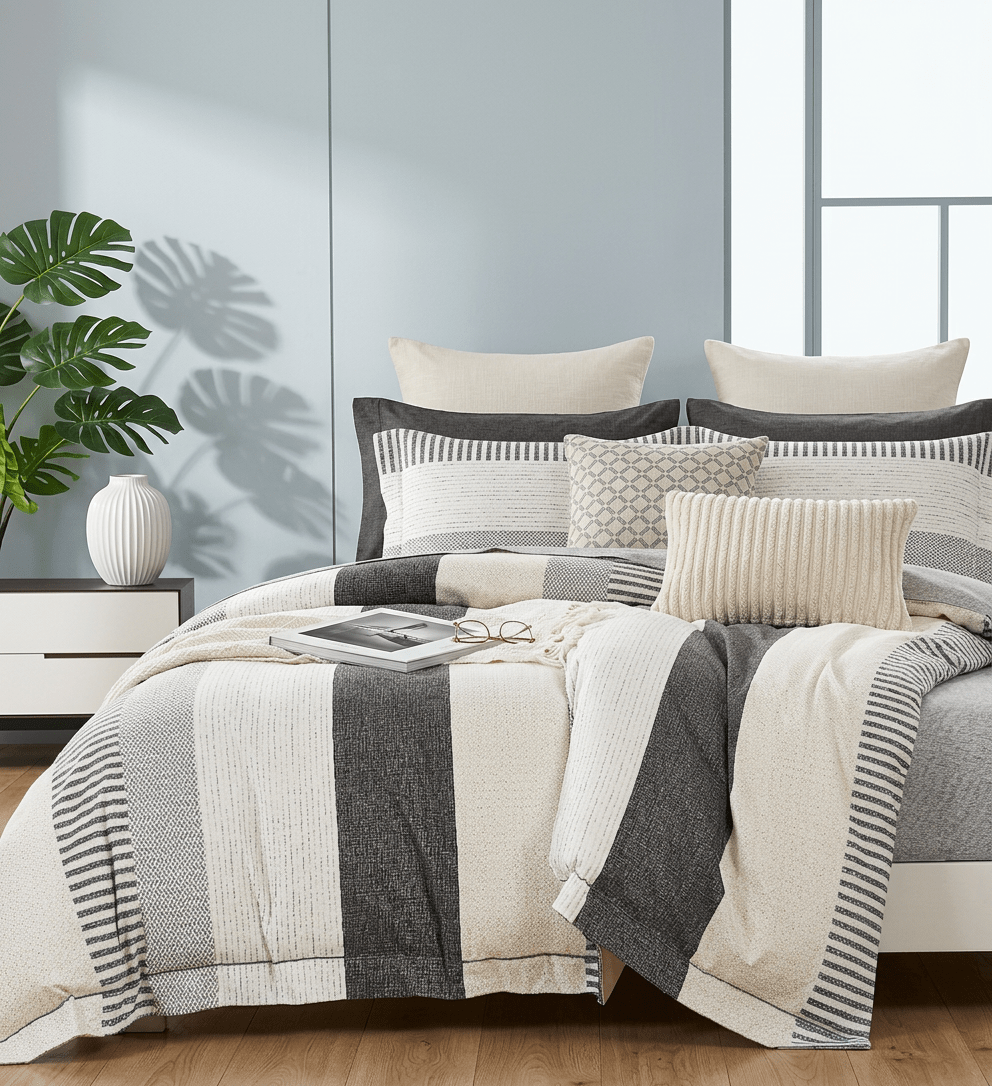 Parure de draps 100% coton - 4 Pièces - Gris et blanc - confort ultime