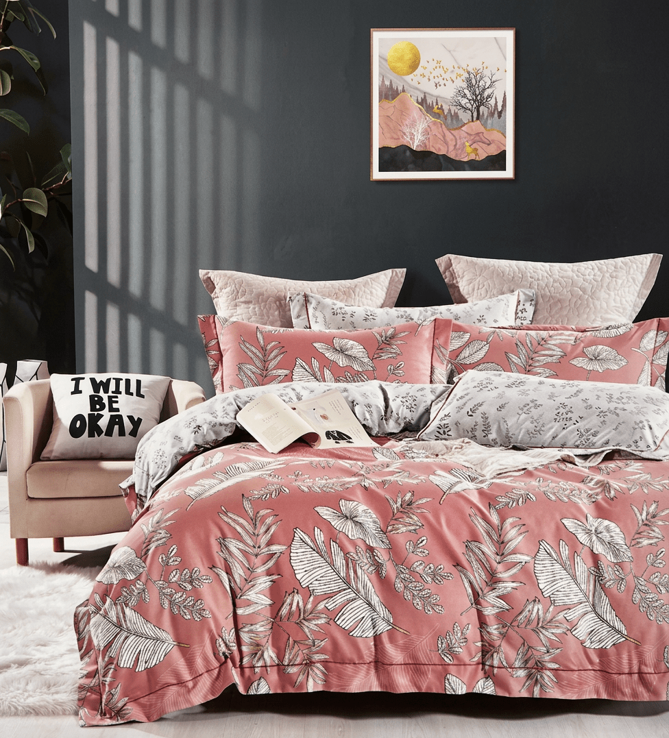 Parure de Draps Luxe - Motif Feuilles Botaniques Rose et Crème - Confort Supremo